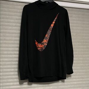 Nike Black Shirt with Orange Patterned Swoosh